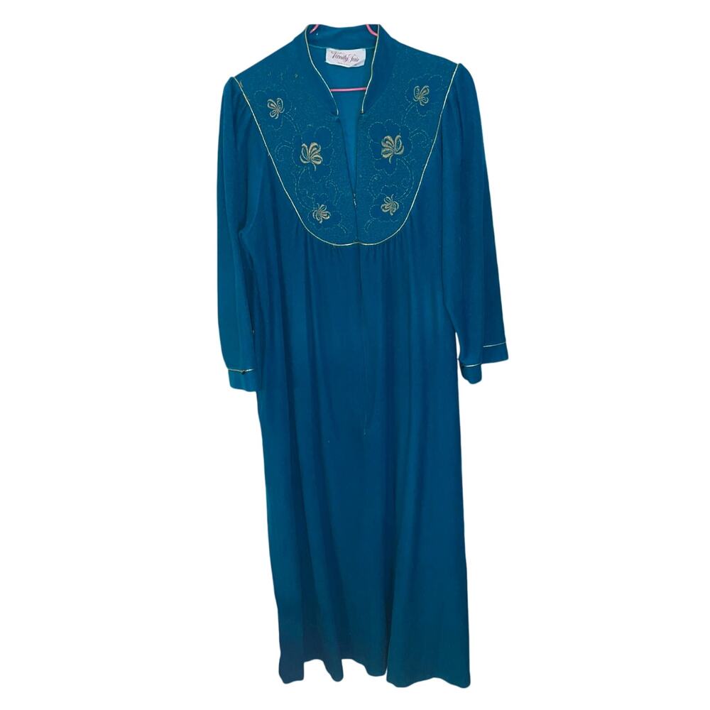 Vintage Vanity Fair Teal Robe | Gold embroidery | size M | Made in the USA